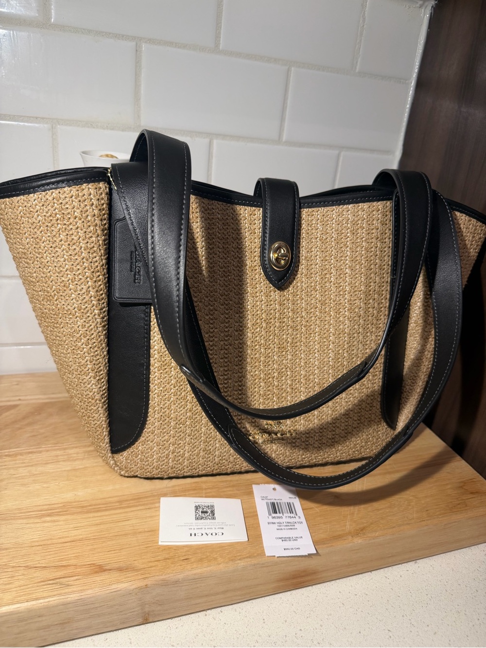 COACH Hadley Turn Lock Tote Bag Toast / Black Straw Smooth Leather - Picture 12 of 14